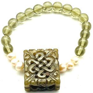 Faux Pearl Beaded Bracelet Stretch Knot Charm Center Green Beads Ethnic Native